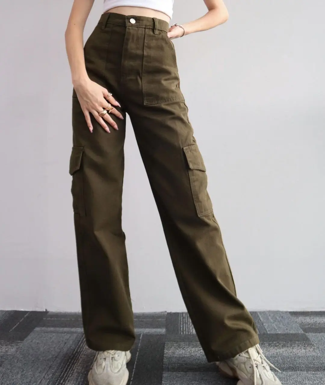 Women Pants Wide Leg Pants Zipper Fly Slim Fit Flat High Streetwear Pockets Mid Waist Autumn 2023 Ankle Length Solid Color