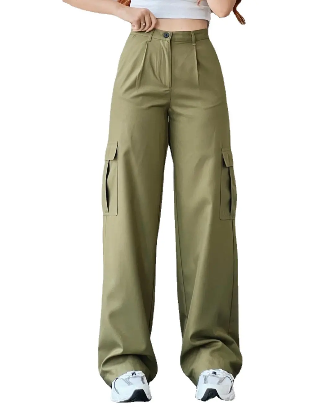 Women Pants Wide Leg Pants Zipper Fly Slim Fit Flat High Streetwear Pockets Mid Waist Autumn 2023 Ankle Length Solid Color