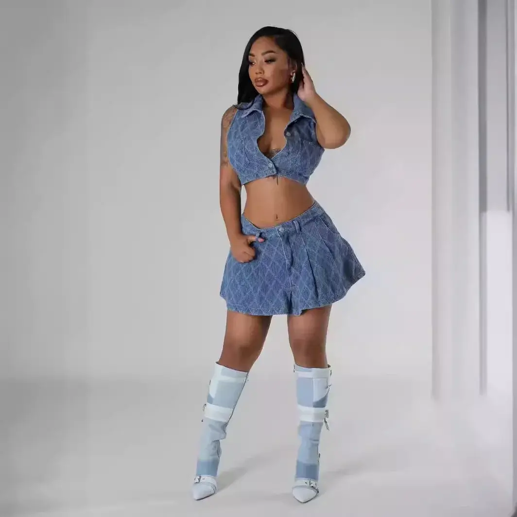 2 Piece Sets Women Sexy Denim Short Skirts Suits Matching Sets Plaid Print Outfits Sleeveless Tops A Line Dress Sets Streetwear