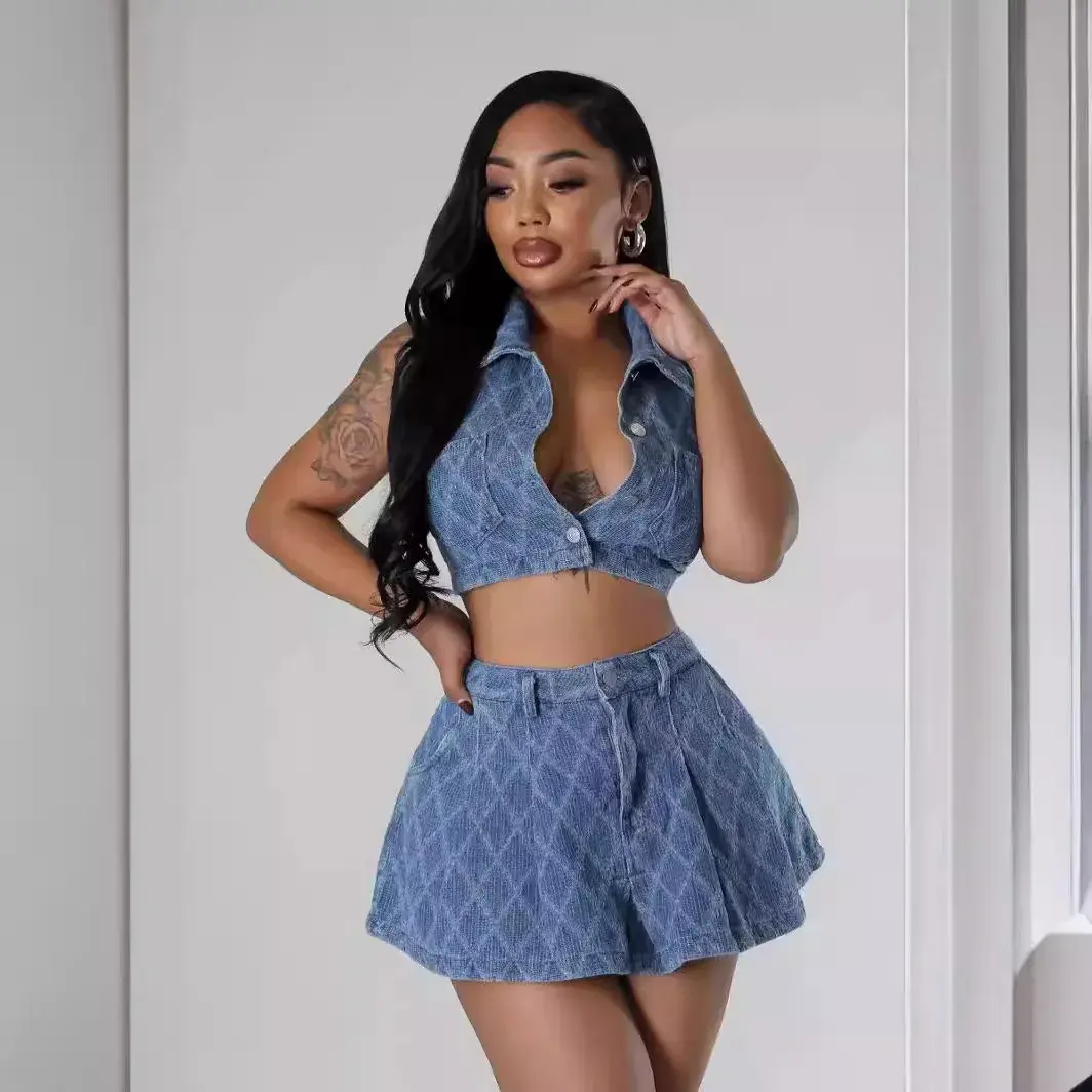 2 Piece Sets Women Sexy Denim Short Skirts Suits Matching Sets Plaid Print Outfits Sleeveless Tops A Line Dress Sets Streetwear