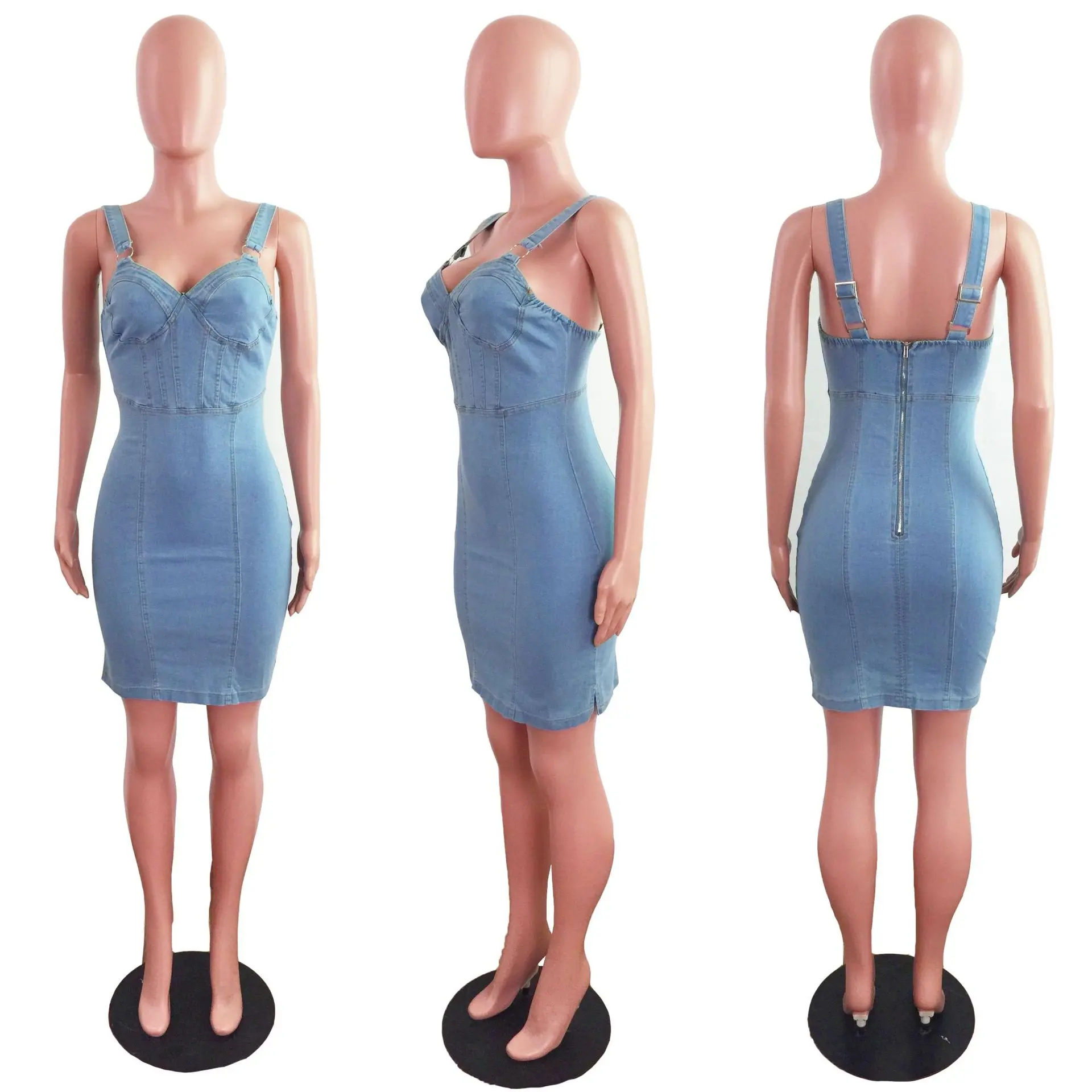 Mini Dress Women Denim Dresses Sexy Sling Bodycon Backless Vestidos Zipper Streetwear Hip Wrap Y2k Slim Fit Summer Party Club