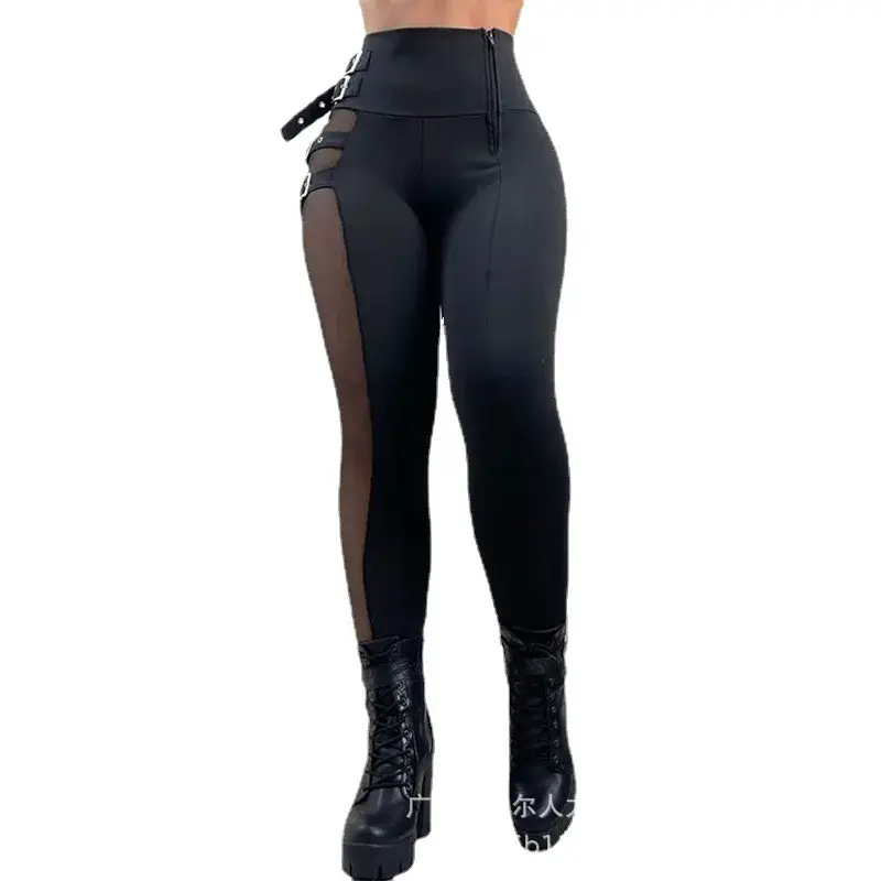 Mesh Patch Buckled High Waist Pants Women Patchwork High Waist Streetwear Sheath Flat Sexy Pockets Pencil Pant Ankle Length Belt