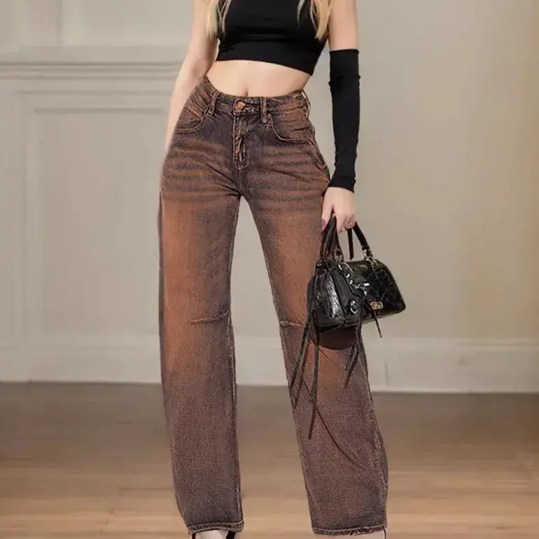 Wide Leg Pants Women Jeans Distressed Streetwear Mom Stretch Mid Waist Washed Pockets 2025 Y2k Vintage Denim Straight Trousers