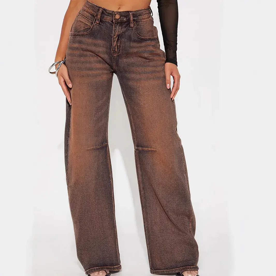 Wide Leg Pants Women Jeans Distressed Streetwear Mom Stretch Mid Waist Washed Pockets 2025 Y2k Vintage Denim Straight Trousers