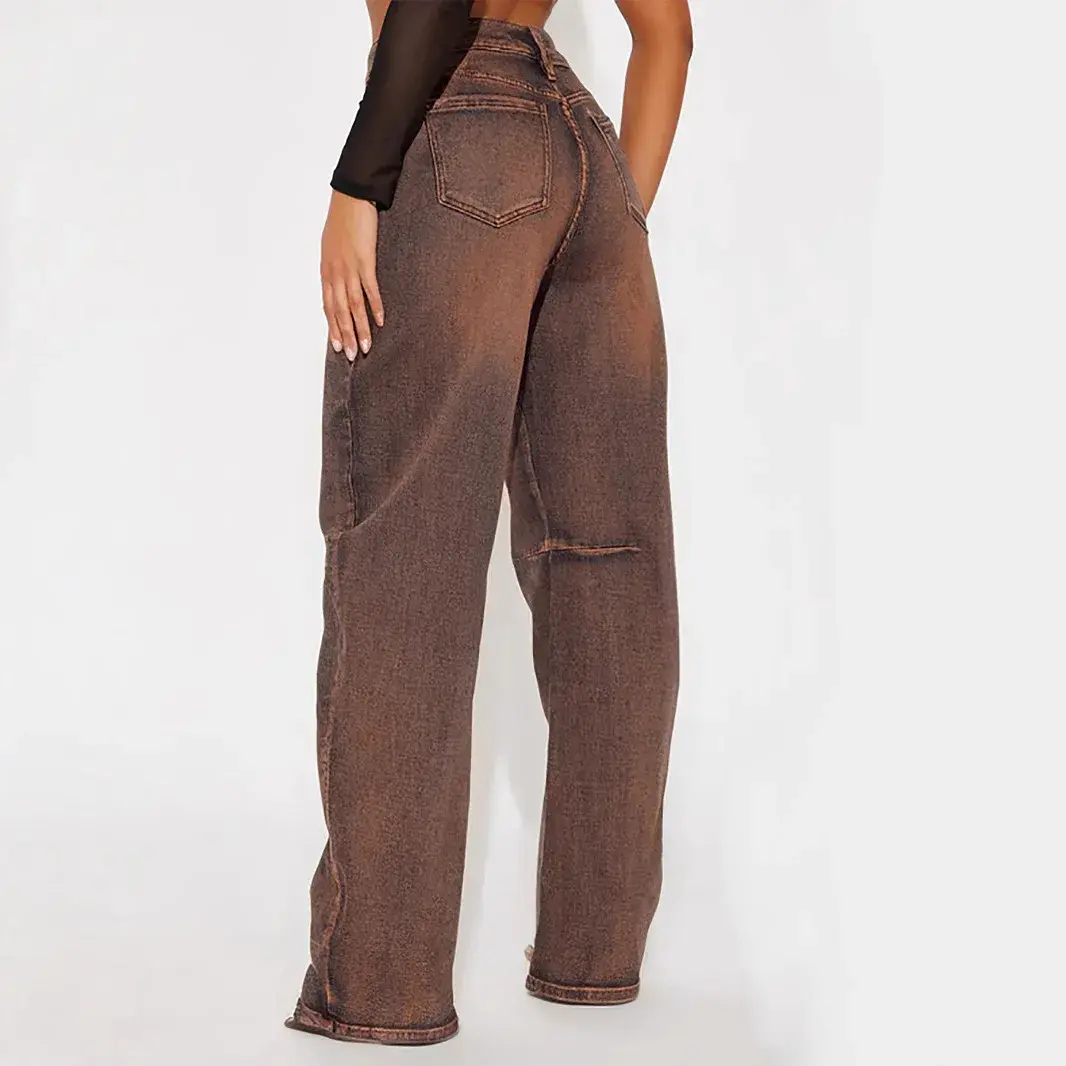 Wide Leg Pants Women Jeans Distressed Streetwear Mom Stretch Mid Waist Washed Pockets 2025 Y2k Vintage Denim Straight Trousers