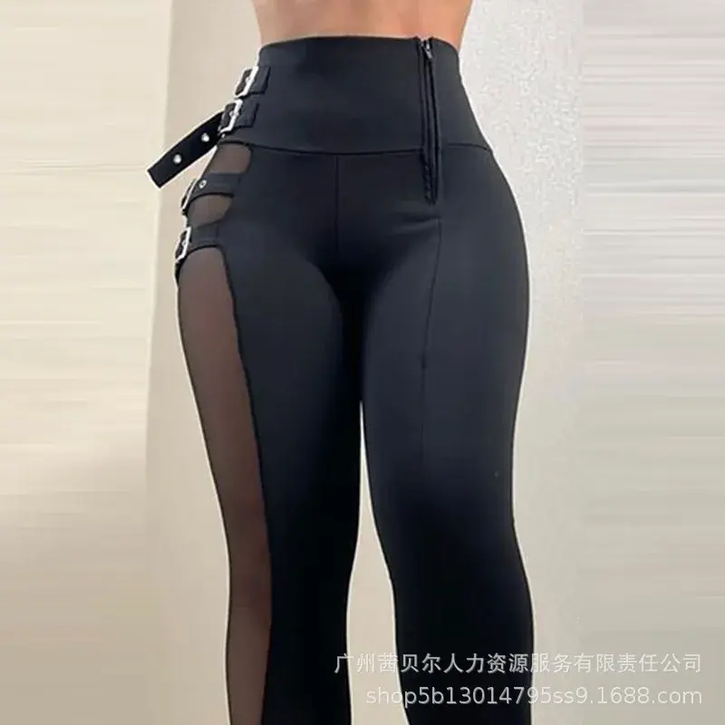 Mesh Patch Buckled High Waist Pants Women Patchwork High Waist Streetwear Sheath Flat Sexy Pockets Pencil Pant Ankle Length Belt