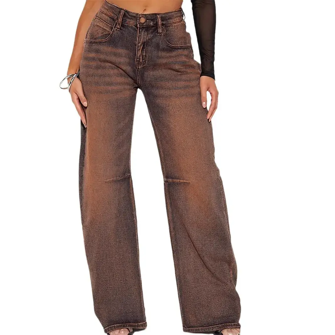 Wide Leg Pants Women Jeans Distressed Streetwear Mom Stretch Mid Waist Washed Pockets 2025 Y2k Vintage Denim Straight Trousers