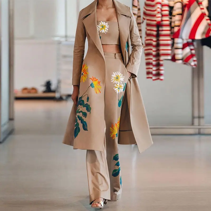 Long Trench Coat Women Sets Female Autumn Temperament Print Flower Windbreaker Wide Leg Pant Suit Three Piece Set Office Lady
