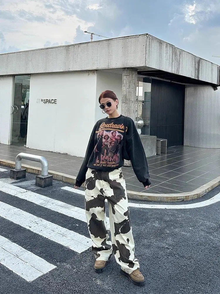 Women Denim Pant Jeans Floor Length Pants Print High Waist Straight Trousers Y2k Streetwear Slim Fit Splice Mom Jeans 2025