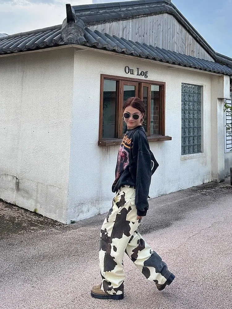 Women Denim Pant Jeans Floor Length Pants Print High Waist Straight Trousers Y2k Streetwear Slim Fit Splice Mom Jeans 2025