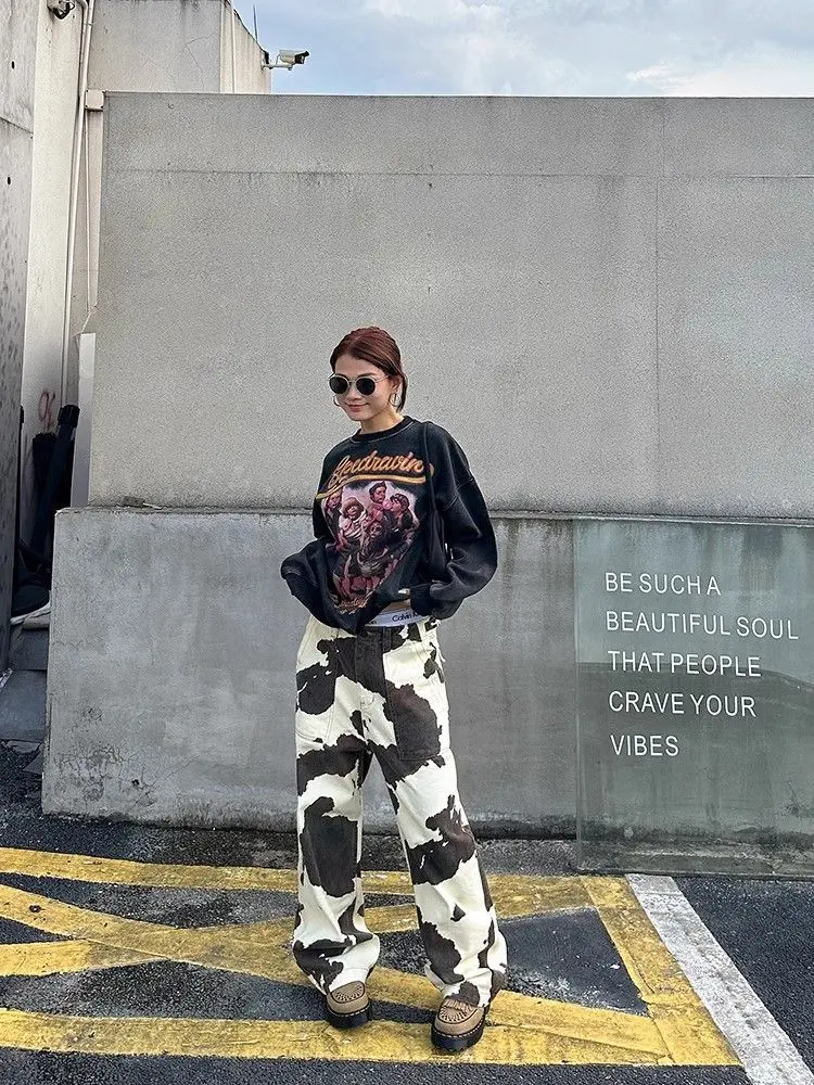 Women Denim Pant Jeans Floor Length Pants Print High Waist Straight Trousers Y2k Streetwear Slim Fit Splice Mom Jeans 2025