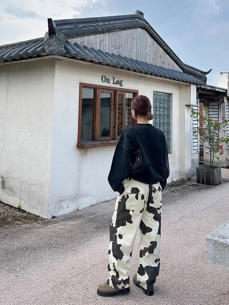 Women Denim Pant Jeans Floor Length Pants Print High Waist Straight Trousers Y2k Streetwear Slim Fit Splice Mom Jeans 2025
