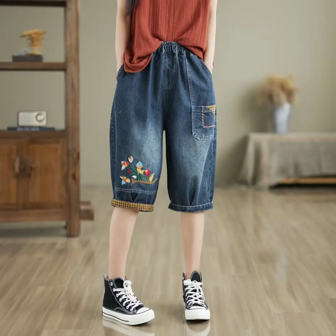 Denim Pants Women Knee Length Jeans Wide Leg Pants High Waist Straight Mom Trousers Y2k Streetwear Elegant Shorts Casual Loose