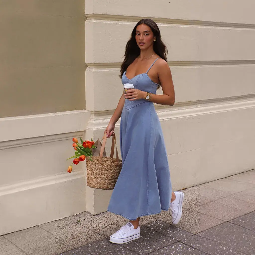 Long Dresses for Women Sexy Denim Sling Dress Sleeveless Backless Elastic Waist Distressed Maxi Gown 2025 Summer A Line Vestidos