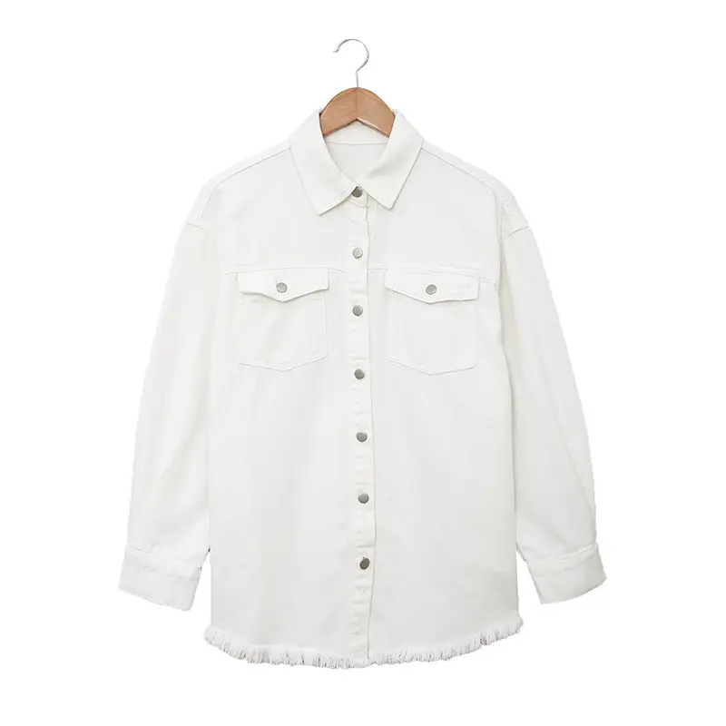 Denim Coat Women Y2k Streetwear Jackets Single Breasted Turn Down Collar Pockets Washed Distressed Frayed Outerwear Autumn 2025