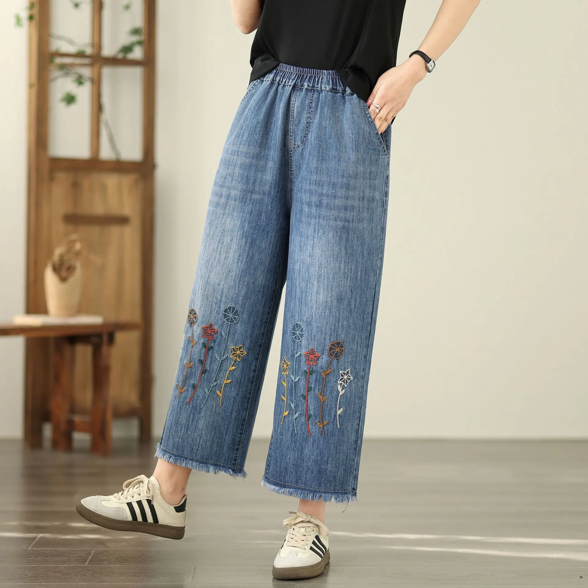 Denim Pant Women Mom Jeans Wide Leg Long Pants High Elastic Waist Straight Trousers Y2k Streetwear Elegant Splice Embroidery