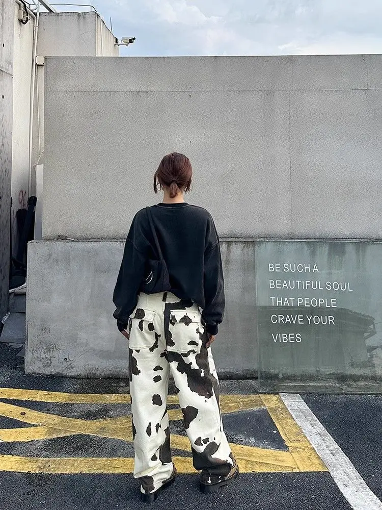 Women Denim Pant Jeans Floor Length Pants Print High Waist Straight Trousers Y2k Streetwear Slim Fit Splice Mom Jeans 2025