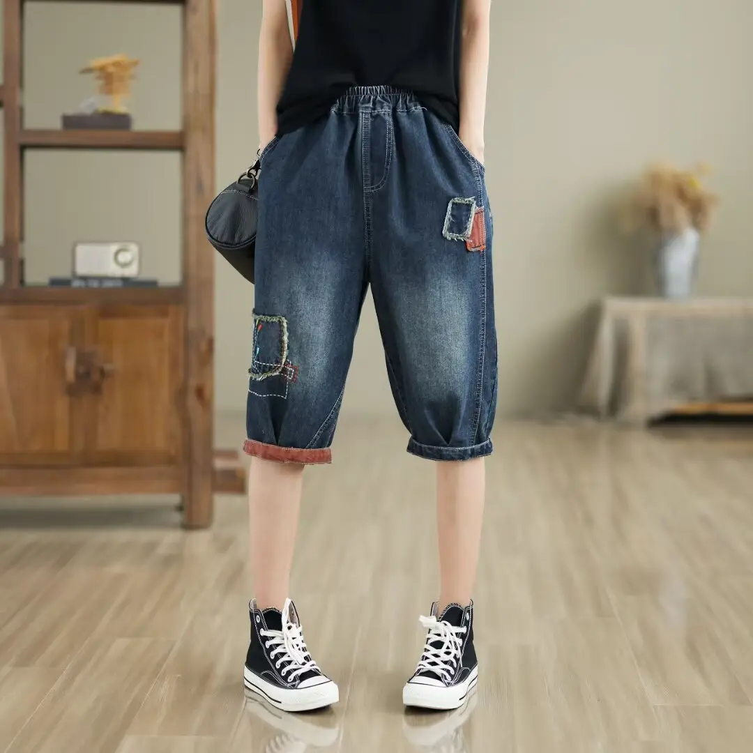 Denim Pants Women Knee Length Jeans Wide Leg Pants High Waist Straight Mom Trousers Y2k Streetwear Elegant Shorts Casual Loose
