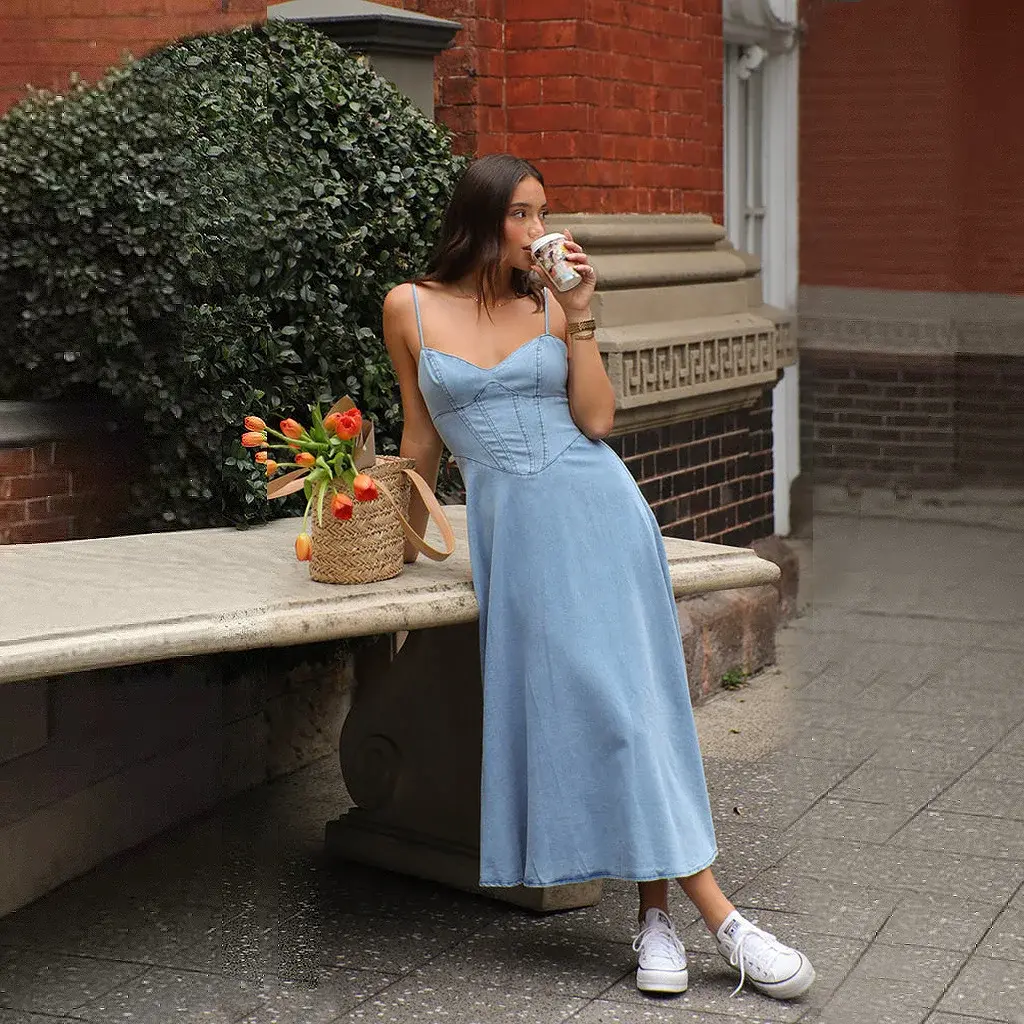 Long Dresses for Women Sexy Denim Sling Dress Sleeveless Backless Elastic Waist Distressed Maxi Gown 2025 Summer A Line Vestidos