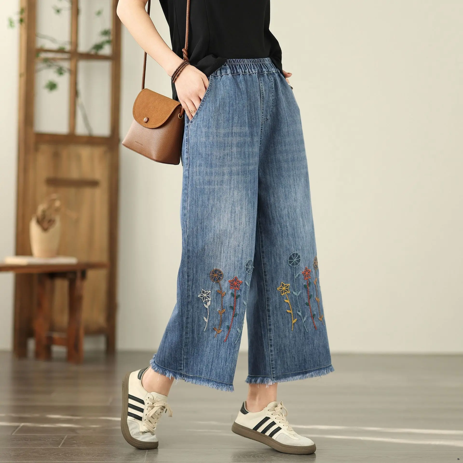 Denim Pant Women Mom Jeans Wide Leg Long Pants High Elastic Waist Straight Trousers Y2k Streetwear Elegant Splice Embroidery