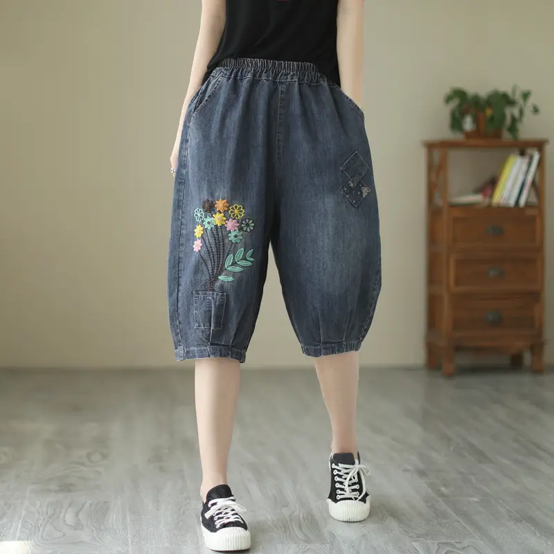 Denim Pants Women Knee Length Jeans Wide Leg Pants High Waist Straight Mom Trousers Y2k Streetwear Elegant Shorts Casual Loose