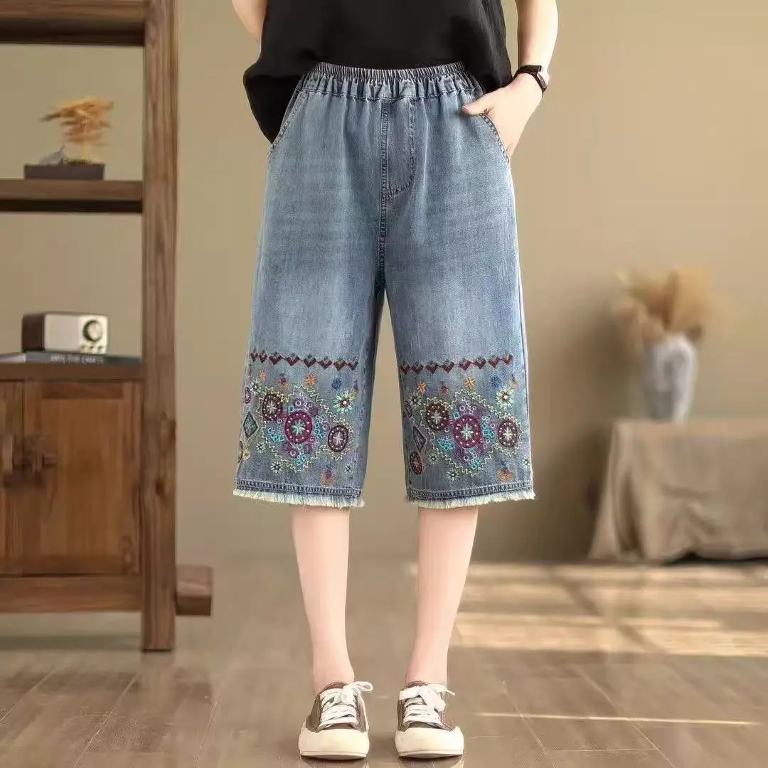 Denim Pants Women Knee Length Jeans Wide Leg Pants High Waist Straight Mom Trousers Y2k Streetwear Elegant Shorts Casual Loose