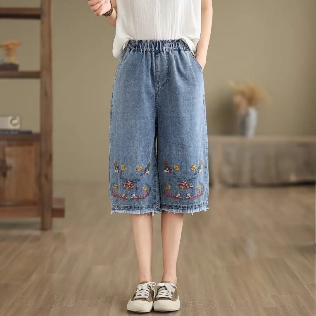 Denim Pants Women Knee Length Jeans Wide Leg Pants High Waist Straight Mom Trousers Y2k Streetwear Elegant Shorts Casual Loose