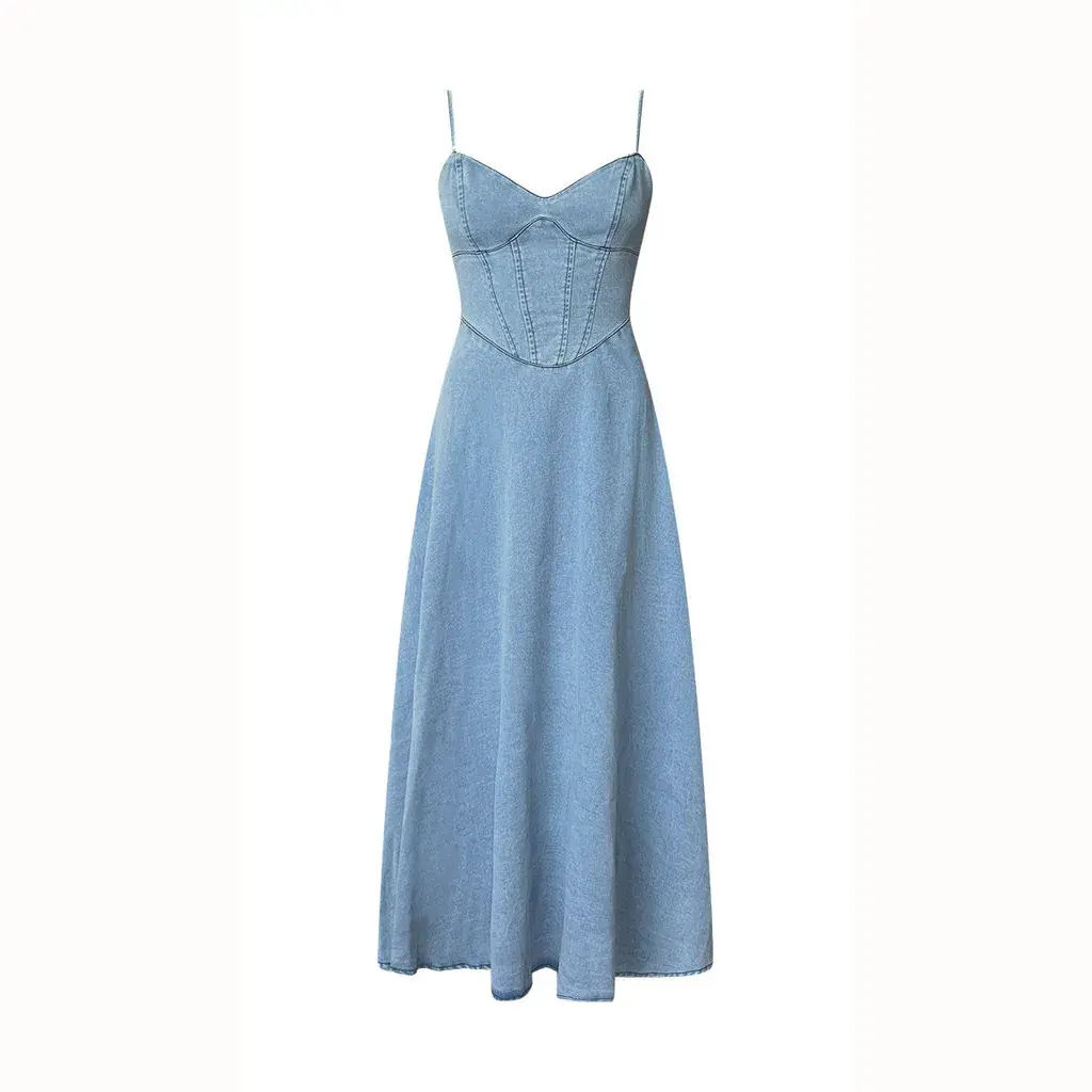 Long Dresses for Women Sexy Denim Sling Dress Sleeveless Backless Elastic Waist Distressed Maxi Gown 2025 Summer A Line Vestidos
