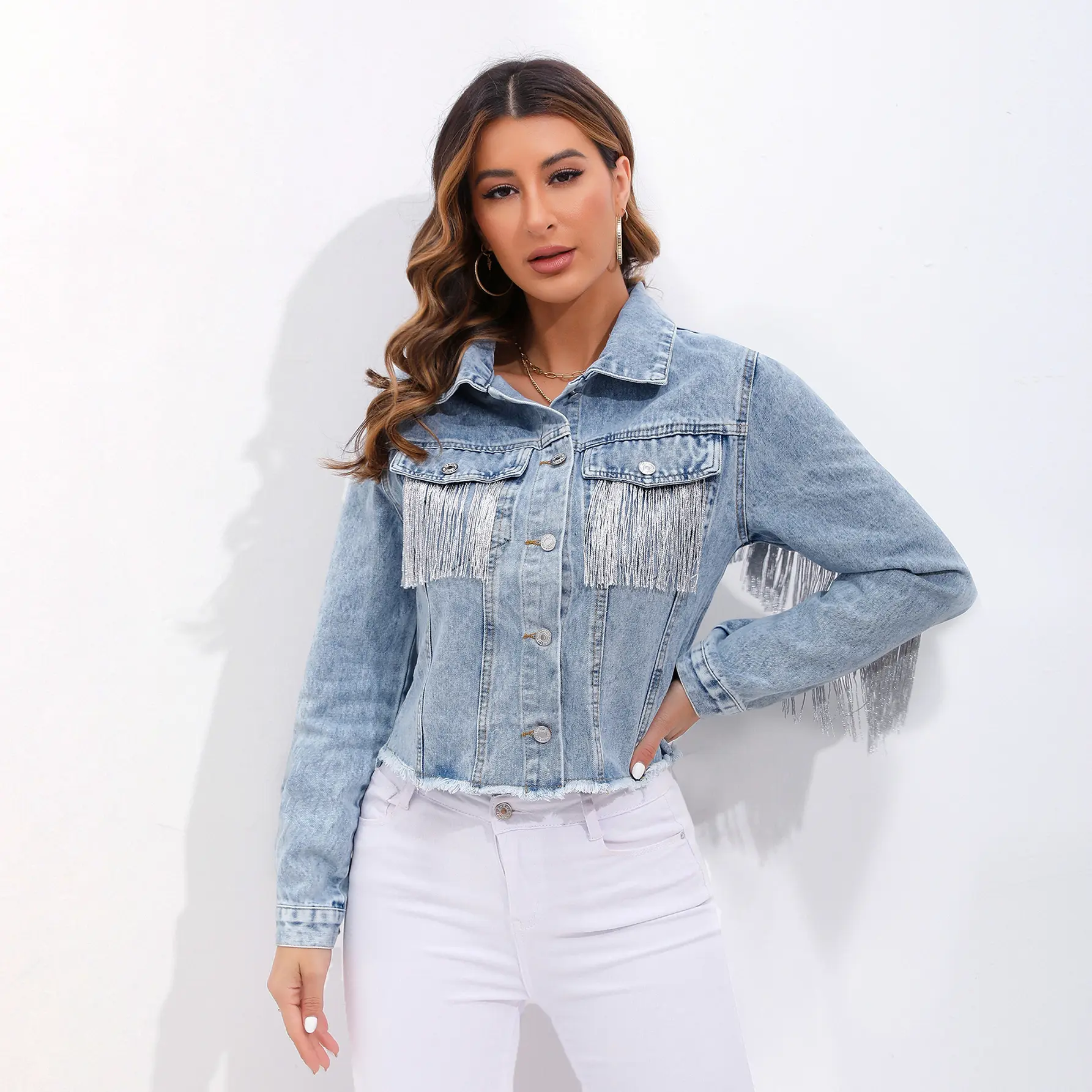 Denim Coat Single Breasted Long Sleeve Women Jackets Tassel Turn Down Collar High Street Loose Spliced Solid Button Pockets
