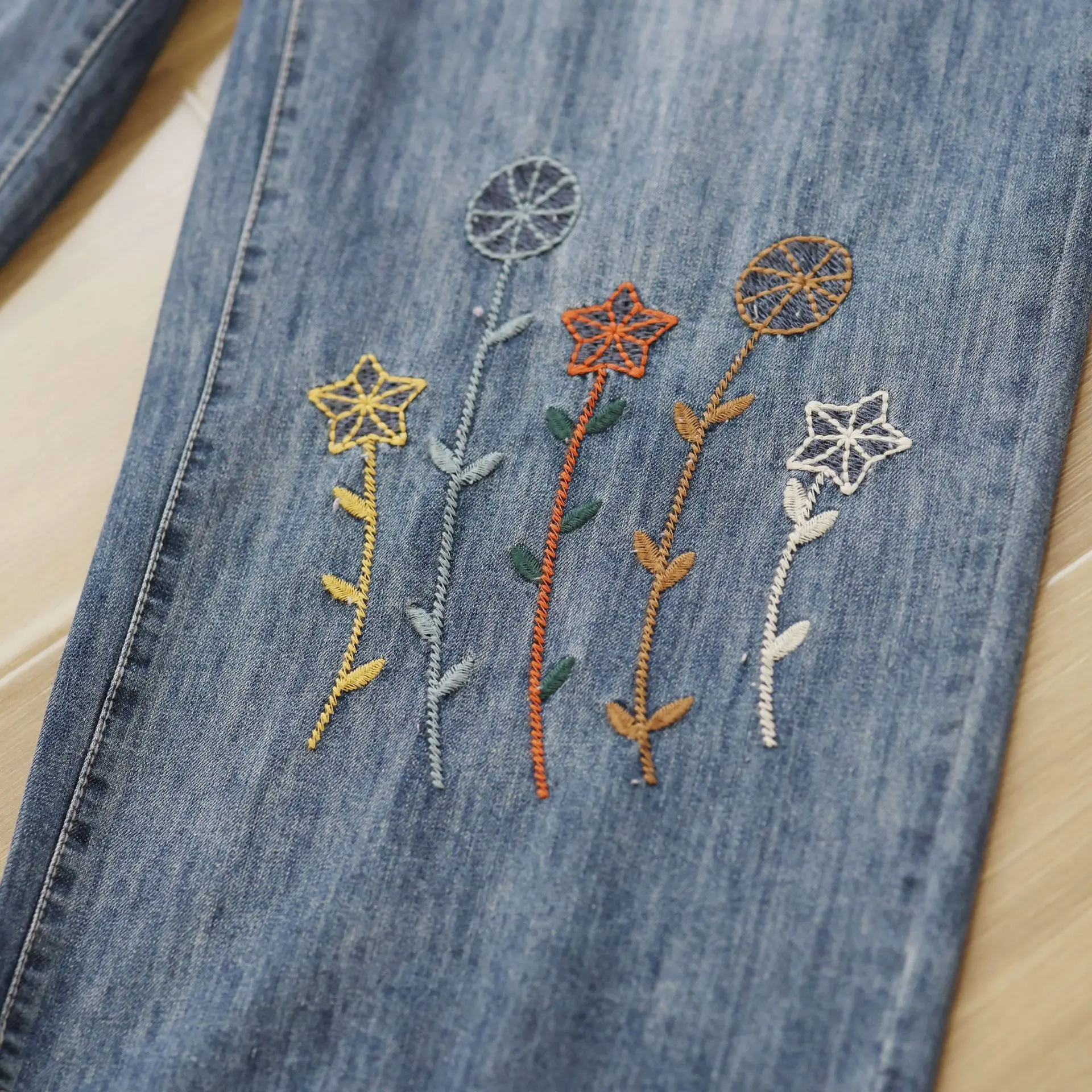 Denim Pant Women Mom Jeans Wide Leg Long Pants High Elastic Waist Straight Trousers Y2k Streetwear Elegant Splice Embroidery