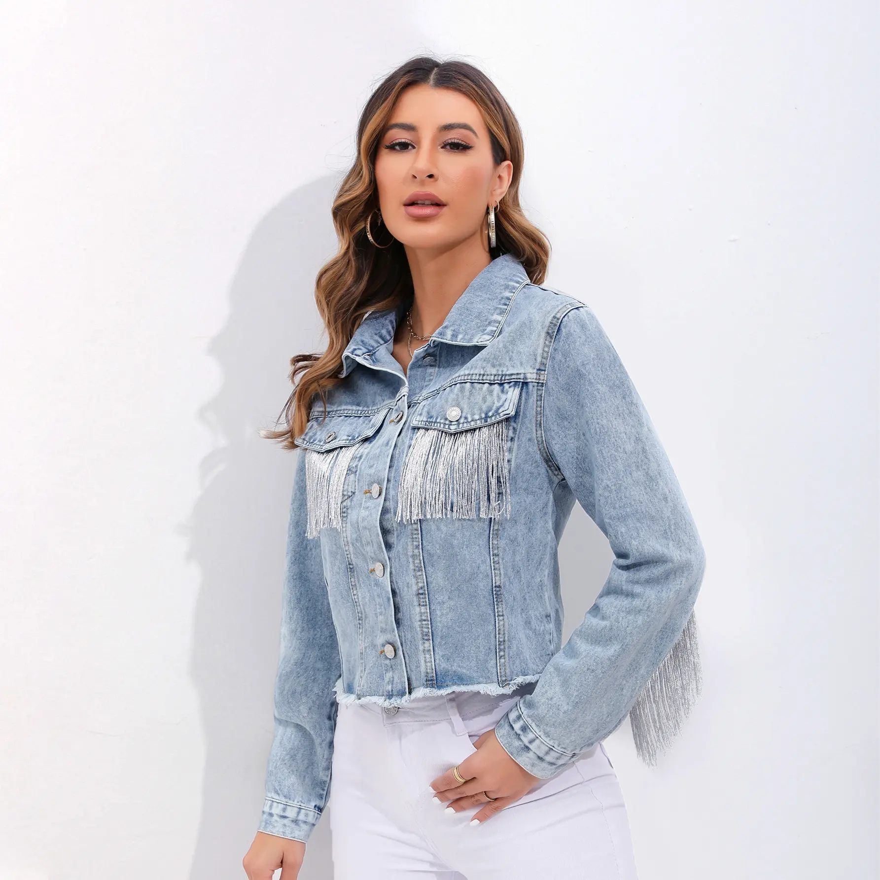 Denim Coat Single Breasted Long Sleeve Women Jackets Tassel Turn Down Collar High Street Loose Spliced Solid Button Pockets