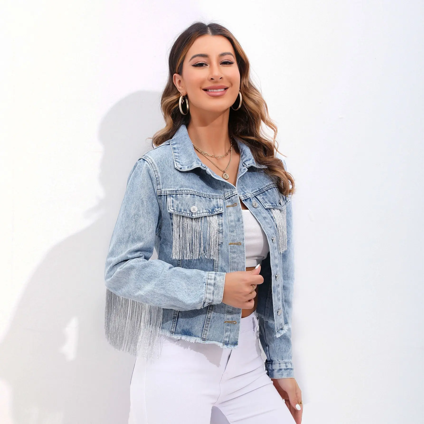 Denim Coat Single Breasted Long Sleeve Women Jackets Tassel Turn Down Collar High Street Loose Spliced Solid Button Pockets