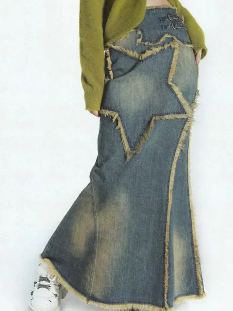 Denim Skirts Women Print Floral Slim Loose Waist Distressed Casual Ankle Length High Street Autumn 2025 Streetwear Y2k Skirts