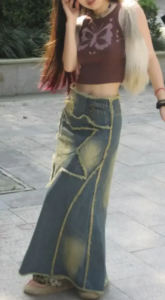 Denim Skirts Women Print Floral Slim Loose Waist Distressed Casual Ankle Length High Street Autumn 2025 Streetwear Y2k Skirts