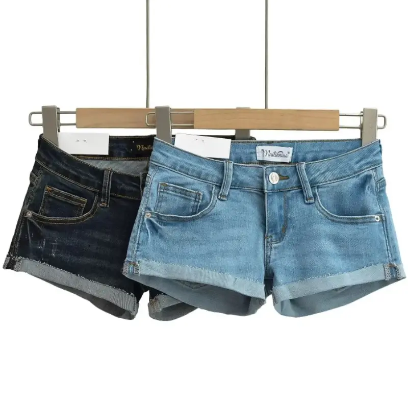 Denim Pant Women Shorts Jeans Short Pants Sexy Slim Mom Low Waist Straight Trousers Y2k Streetwear Hip Wrap Splice Party Club