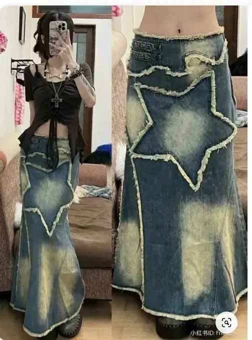 Denim Skirts Women Print Floral Slim Loose Waist Distressed Casual Ankle Length High Street Autumn 2025 Streetwear Y2k Skirts