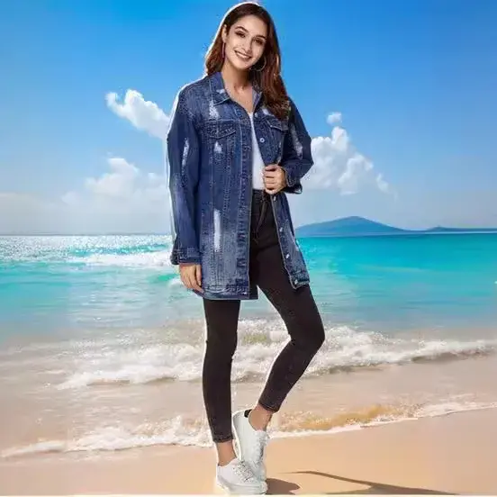 Denim Jacket Women Hole Coat Distressed Washed Turn Down Collar Pockets Single Breasted Ripped Overcoat Streetwear Outerwear
