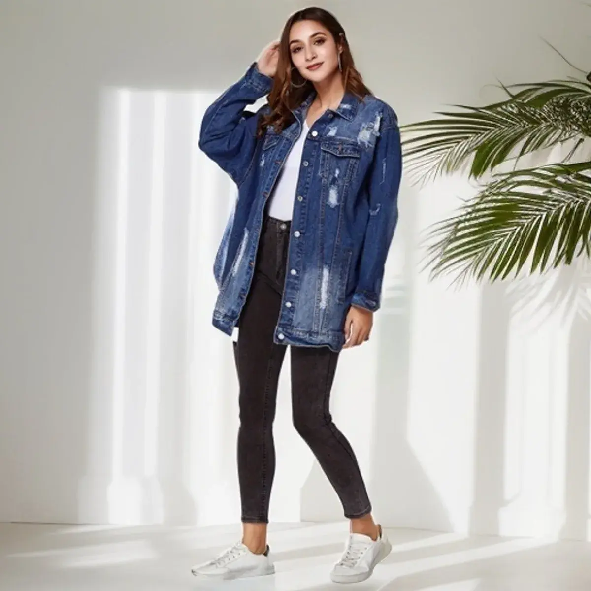 Denim Jacket Women Hole Coat Distressed Washed Turn Down Collar Pockets Single Breasted Ripped Overcoat Streetwear Outerwear