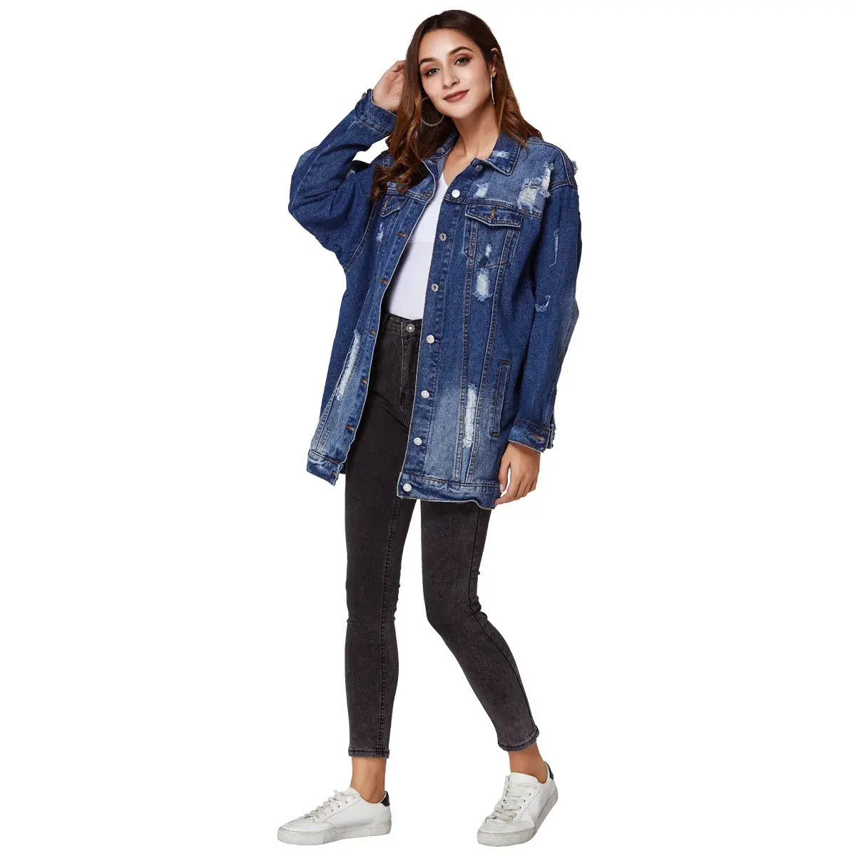 Denim Jacket Women Hole Coat Distressed Washed Turn Down Collar Pockets Single Breasted Ripped Overcoat Streetwear Outerwear