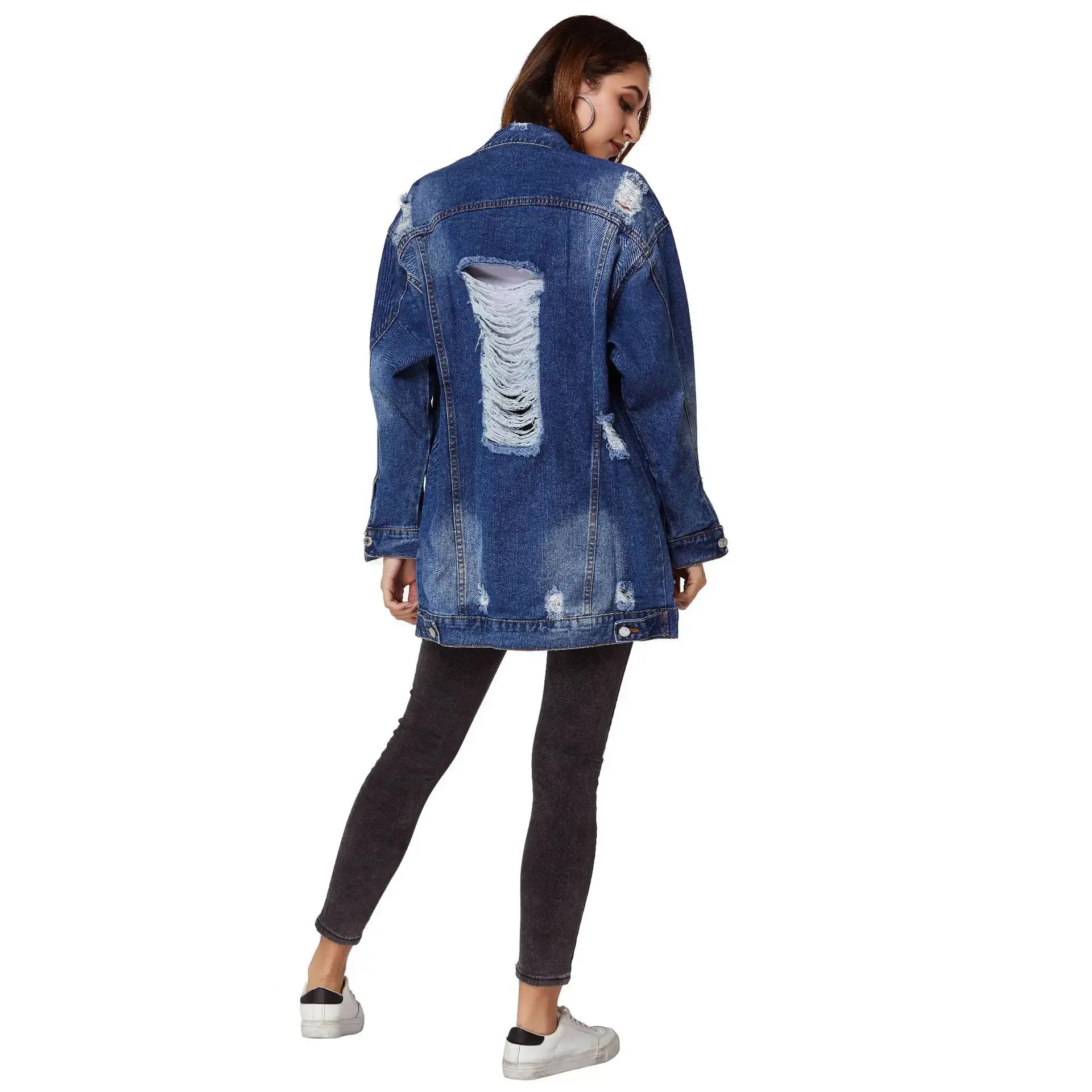 Denim Jacket Women Hole Coat Distressed Washed Turn Down Collar Pockets Single Breasted Ripped Overcoat Streetwear Outerwear