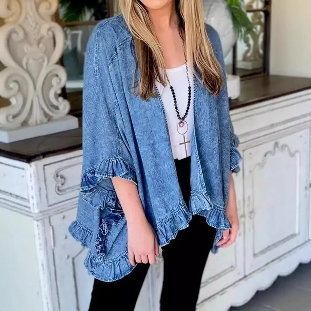 Denim Coats Women Coat Casual Flounce Three Quarter Batwing Sleeves V Neck Cardigan Mid Lenth Loose Jackets 2025 Spring Jacket