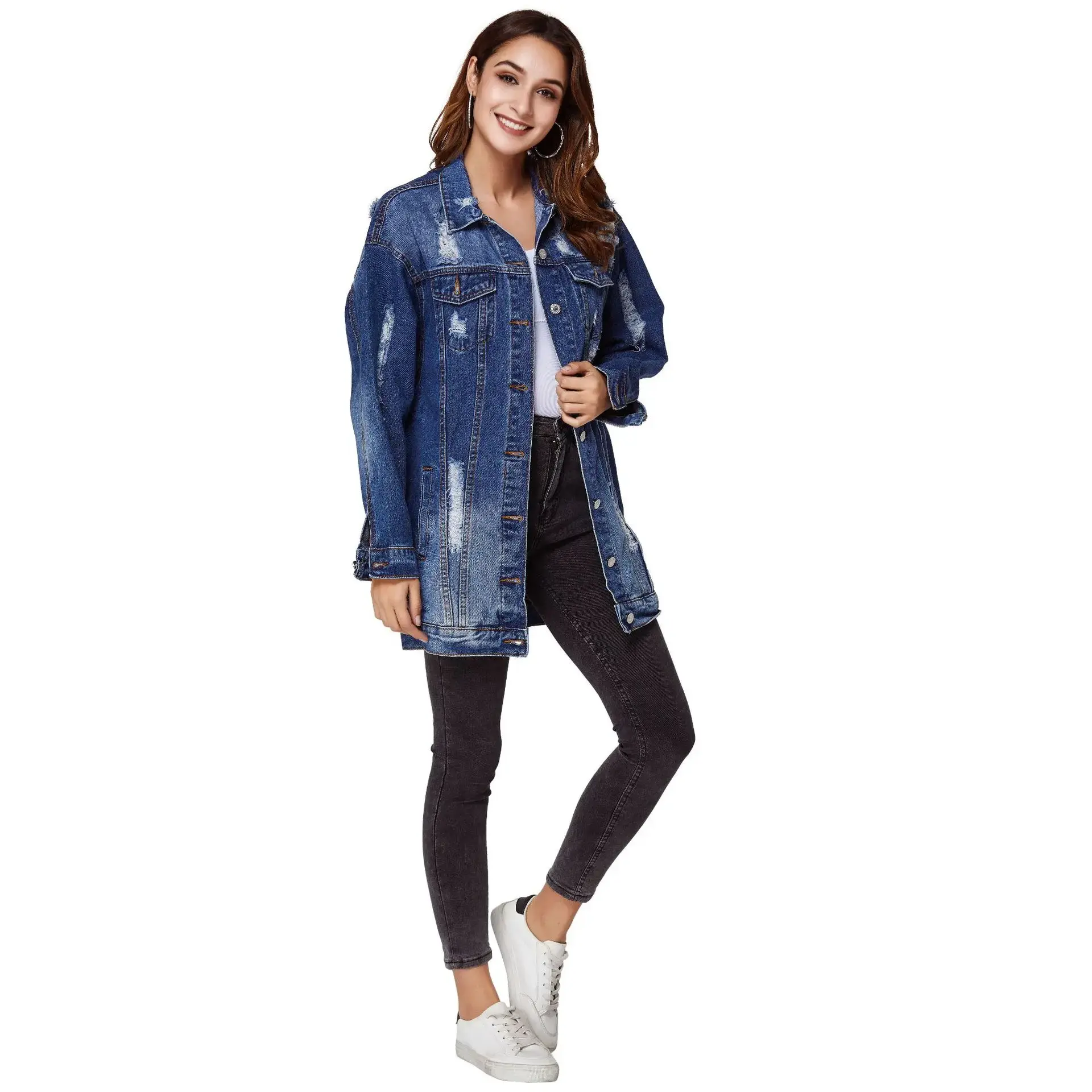 Denim Jacket Women Hole Coat Distressed Washed Turn Down Collar Pockets Single Breasted Ripped Overcoat Streetwear Outerwear