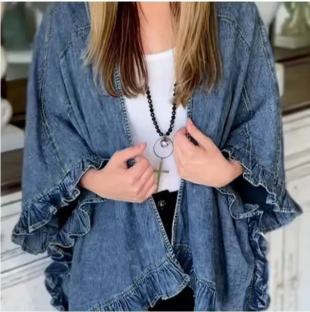 Denim Coats Women Coat Casual Flounce Three Quarter Batwing Sleeves V Neck Cardigan Mid Lenth Loose Jackets 2025 Spring Jacket