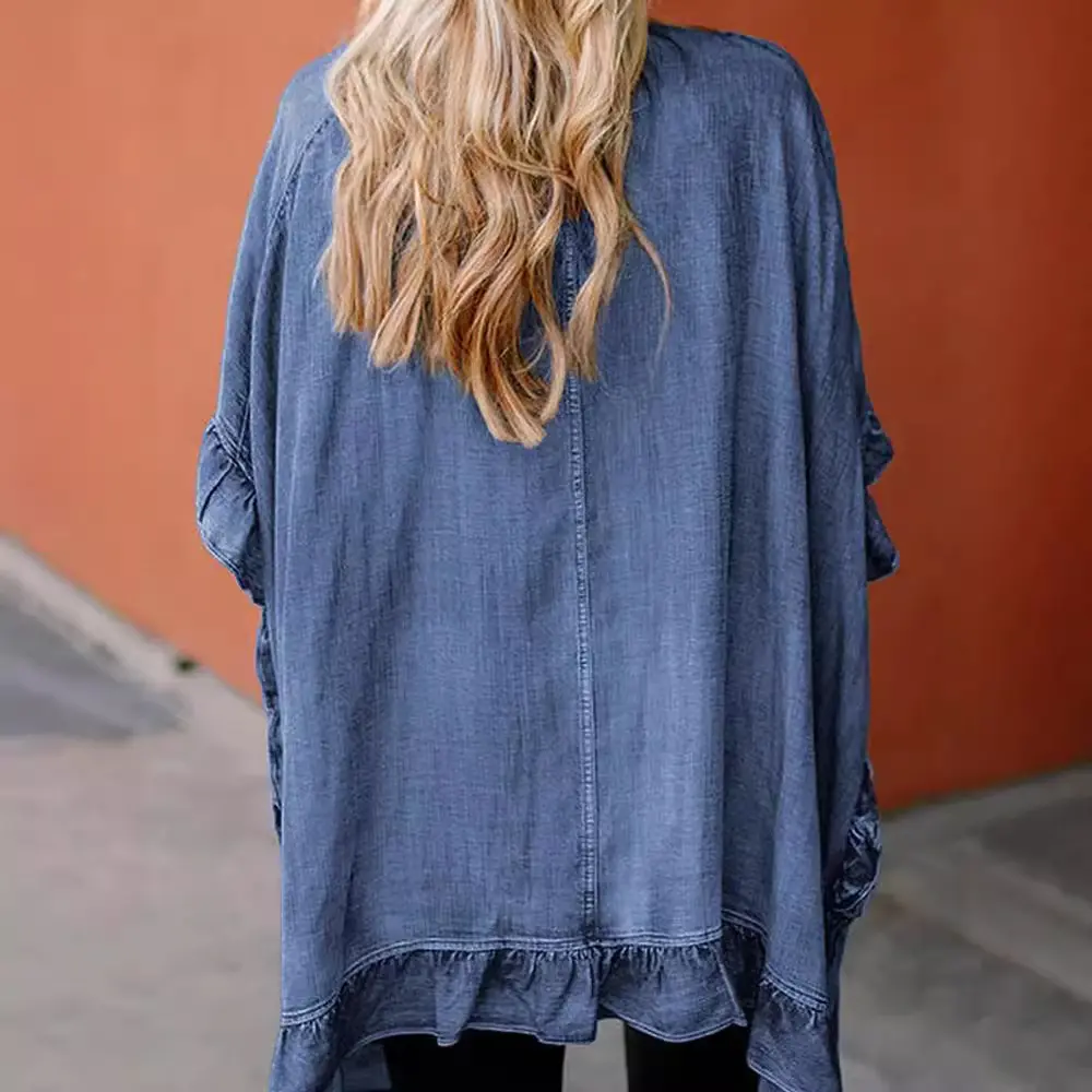 Denim Coats Women Coat Casual Flounce Three Quarter Batwing Sleeves V Neck Cardigan Mid Lenth Loose Jackets 2025 Spring Jacket
