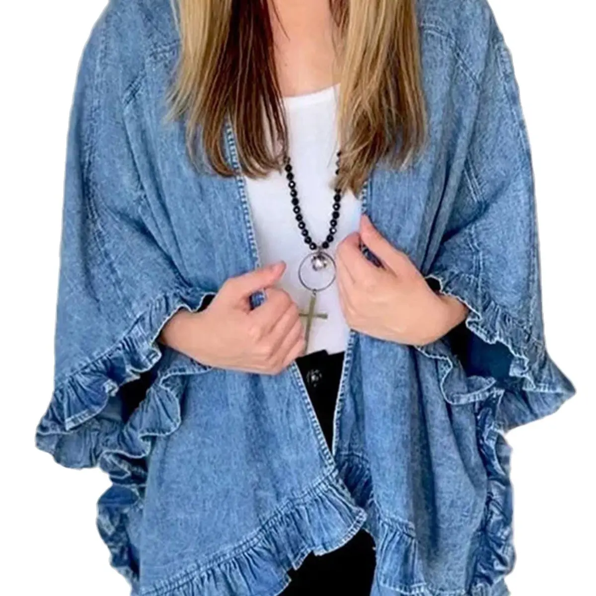 Denim Coats Women Coat Casual Flounce Three Quarter Batwing Sleeves V Neck Cardigan Mid Lenth Loose Jackets 2025 Spring Jacket