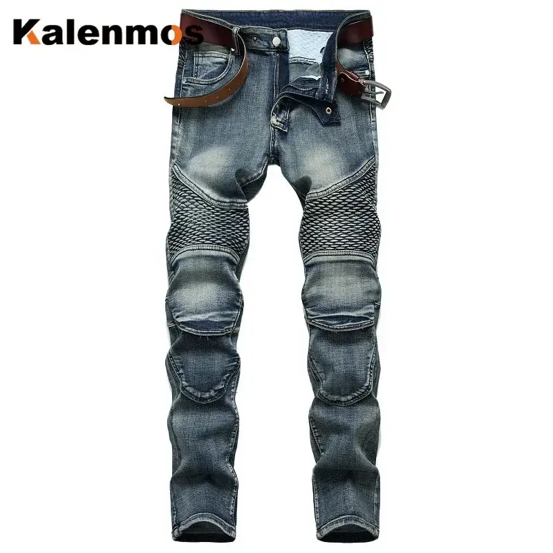 Men Jeans Spliced Skinny Moto Biker Hip Hop Pockets Punk Jeans Zipper Fly Flat Ankle Length Trouser Denim Washed 2025 Summer