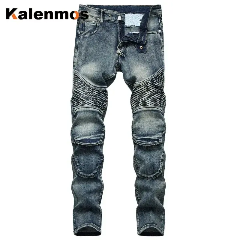 Men Jeans Spliced Skinny Moto Biker Hip Hop Pockets Punk Jeans Zipper Fly Flat Ankle Length Trouser Denim Washed 2025 Summer