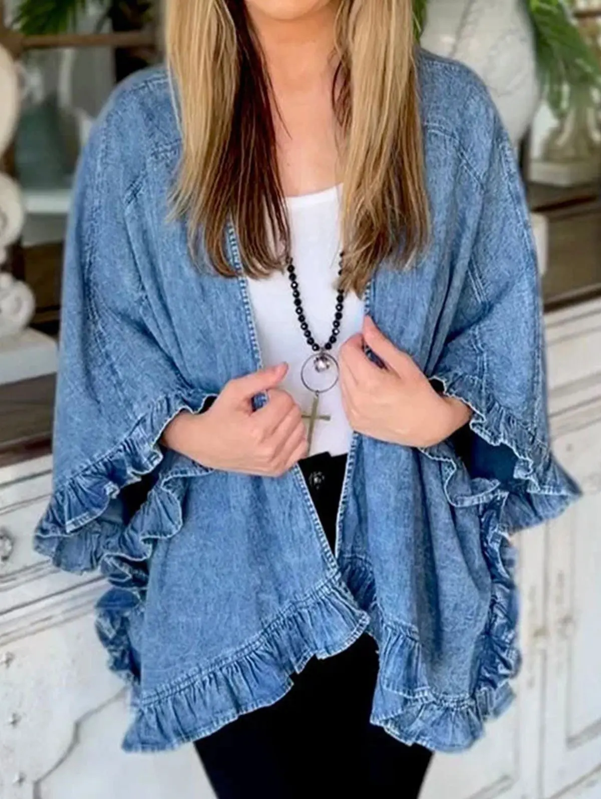Denim Coats Women Coat Casual Flounce Three Quarter Batwing Sleeves V Neck Cardigan Mid Lenth Loose Jackets 2025 Spring Jacket