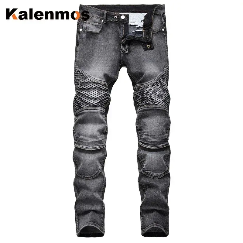 Men Jeans Spliced Skinny Moto Biker Hip Hop Pockets Punk Jeans Zipper Fly Flat Ankle Length Trouser Denim Washed 2025 Summer