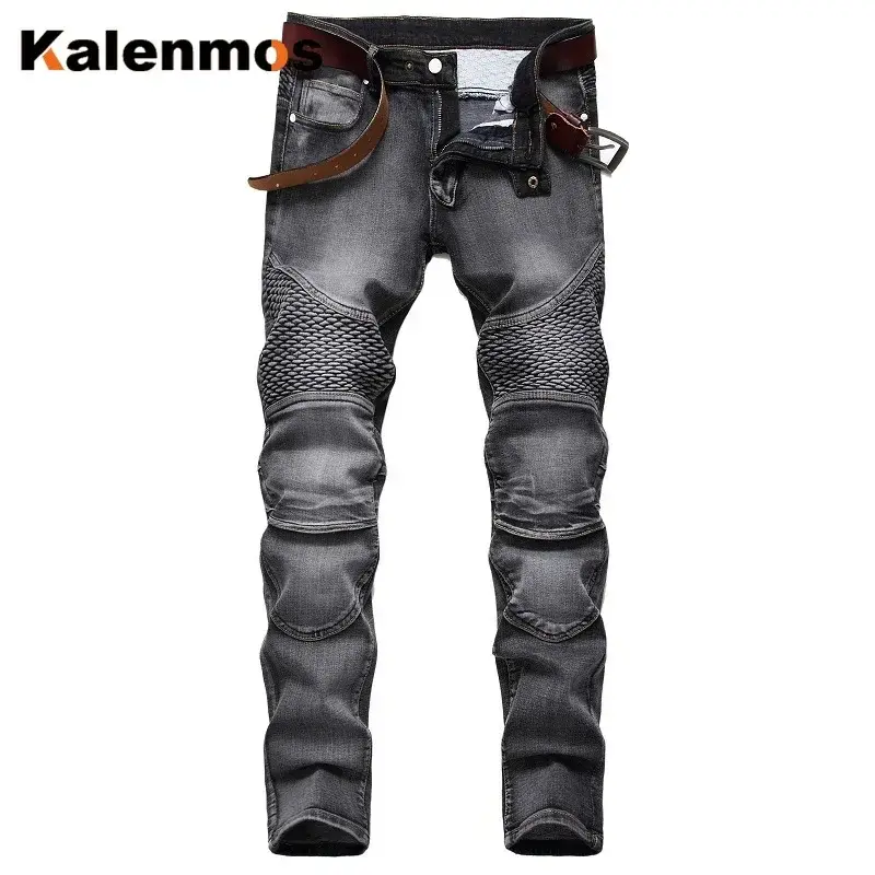 Men Jeans Spliced Skinny Moto Biker Hip Hop Pockets Punk Jeans Zipper Fly Flat Ankle Length Trouser Denim Washed 2025 Summer